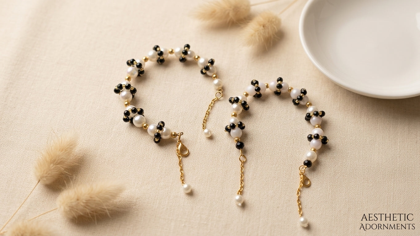 Pearl & Black Crystal Bracelet Pair