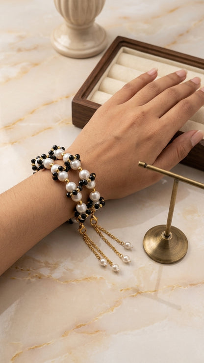 Pearl & Black Crystal Bracelet Pair