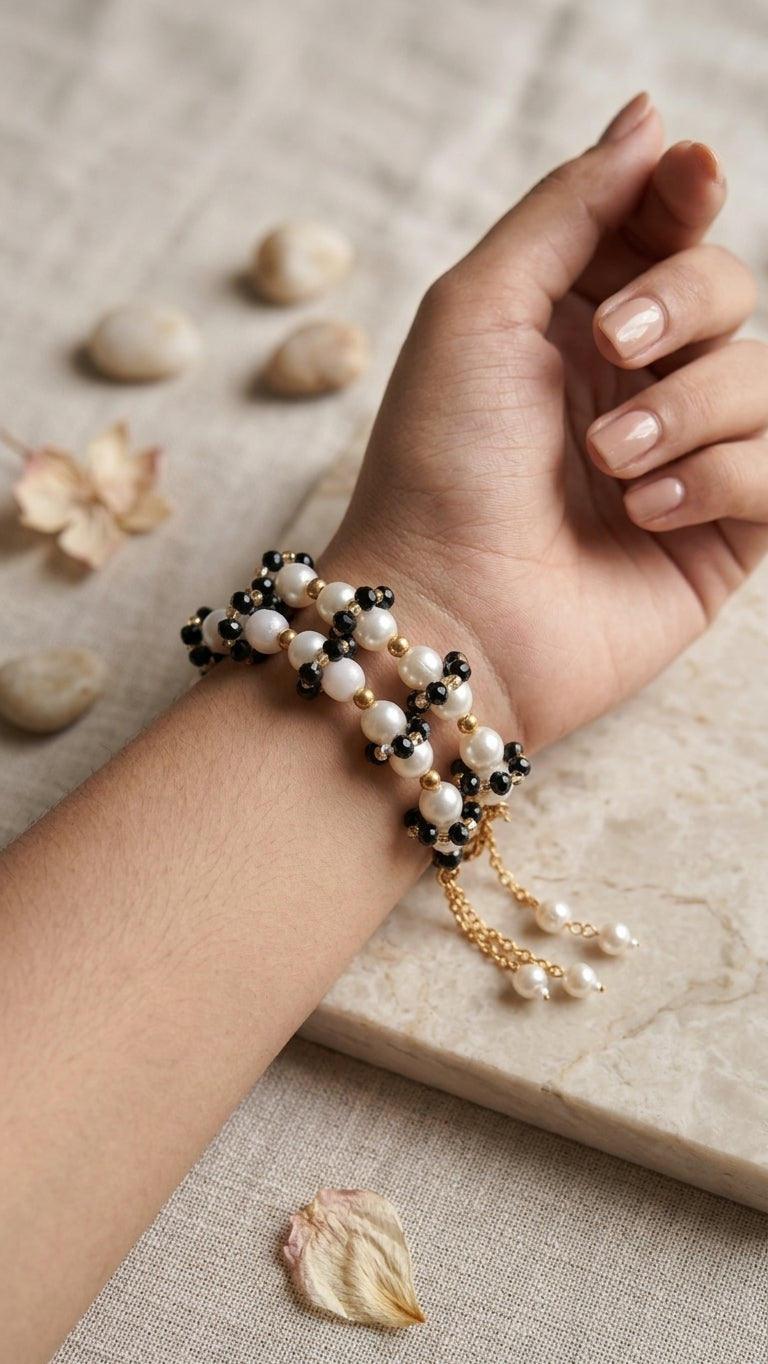 Pearl & Black Crystal Bracelet Pair