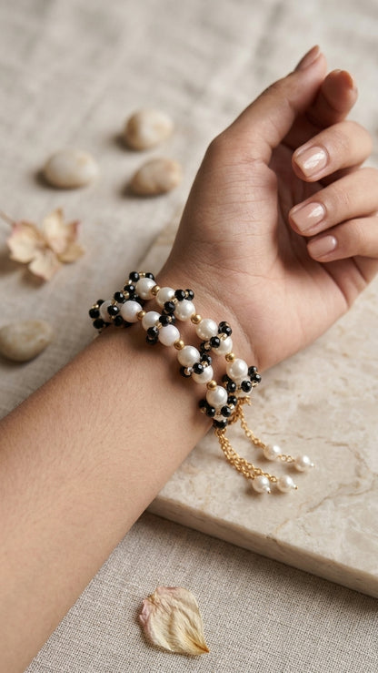 Pearl & Black Crystal Bracelet Pair