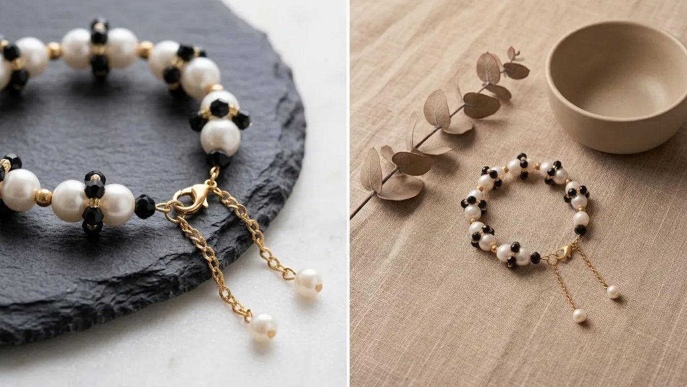 Pearl & Black Crystal Bracelet Pair